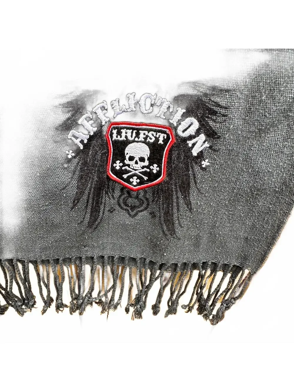 Affliction Clothing Black Fringed Scarf Skull Wing Graphic Embroidered